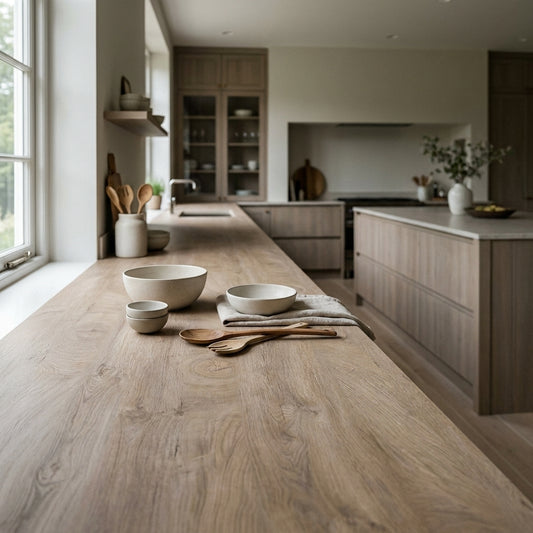 Raw Endgrain Oak Kitchen Worktop – Square Edged Laminate | Kronodesign K105 FP