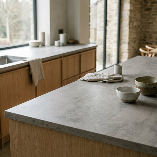 Light Grey Concrete Kitchen Worktop – Square Edged Laminate | Kronodesign K200 RS